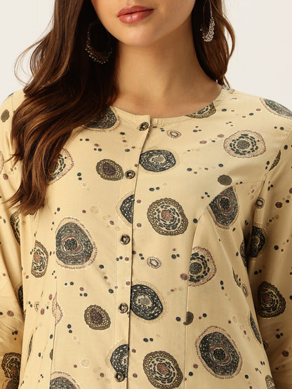 Beige Printed A - Line Kurta