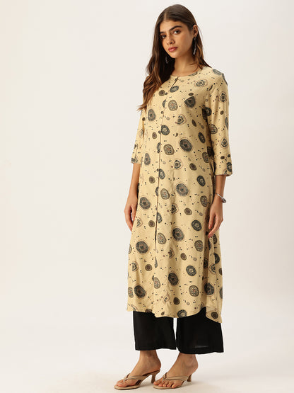 Beige Printed A - Line Kurta