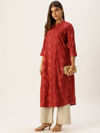 Red Printed A-Line Kurta