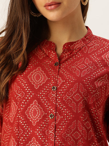 Red Printed A-Line Kurta
