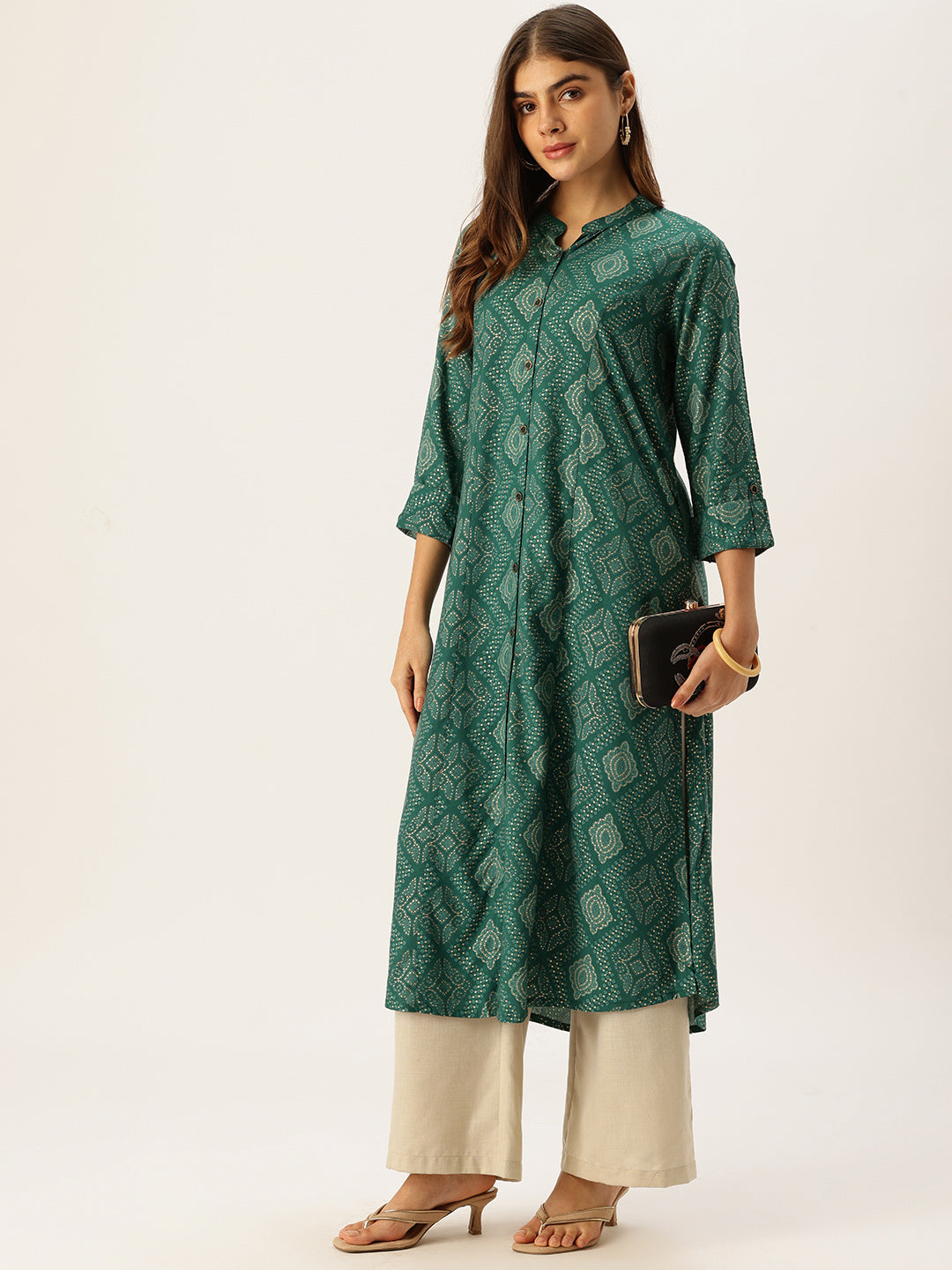 Teal Blue Bandhani Printed A-line Kurta
