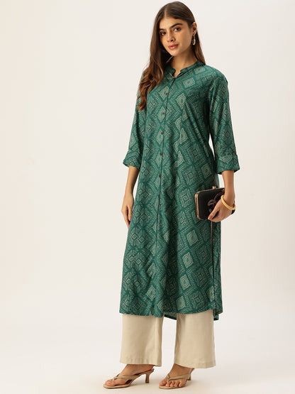 Teal Blue Bandhani Printed A-line Kurta