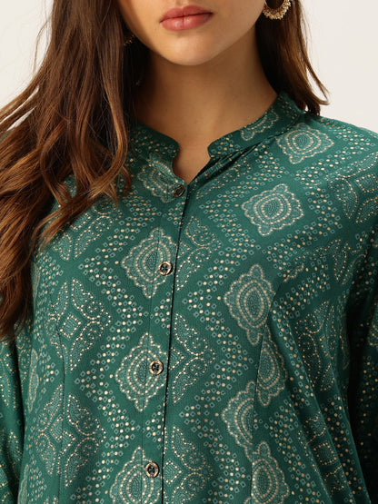 Teal Blue Bandhani Printed A-line Kurta