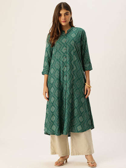 Teal Blue Bandhani Printed A-line Kurta
