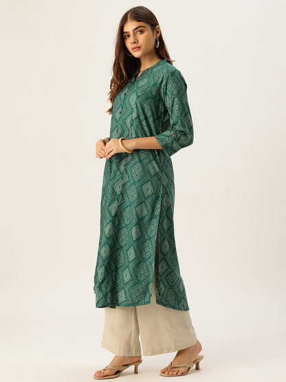 Teal Blue Bandhani Printed A-line Kurta