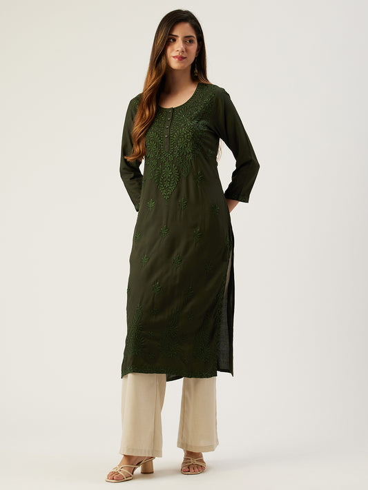 Green Floral Embroidered Straight Kurta