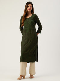 Green Floral Embroidered Straight Kurta