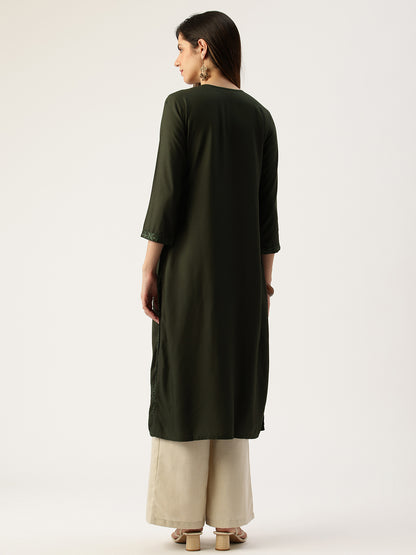 Green Floral Embroidered Straight Kurta