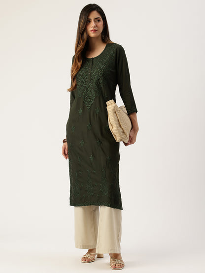 Green Floral Embroidered Straight Kurta