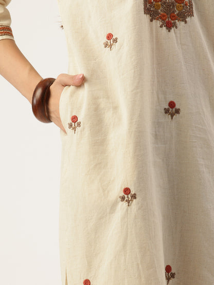 Beige Floral Embroidered Straight Kurta