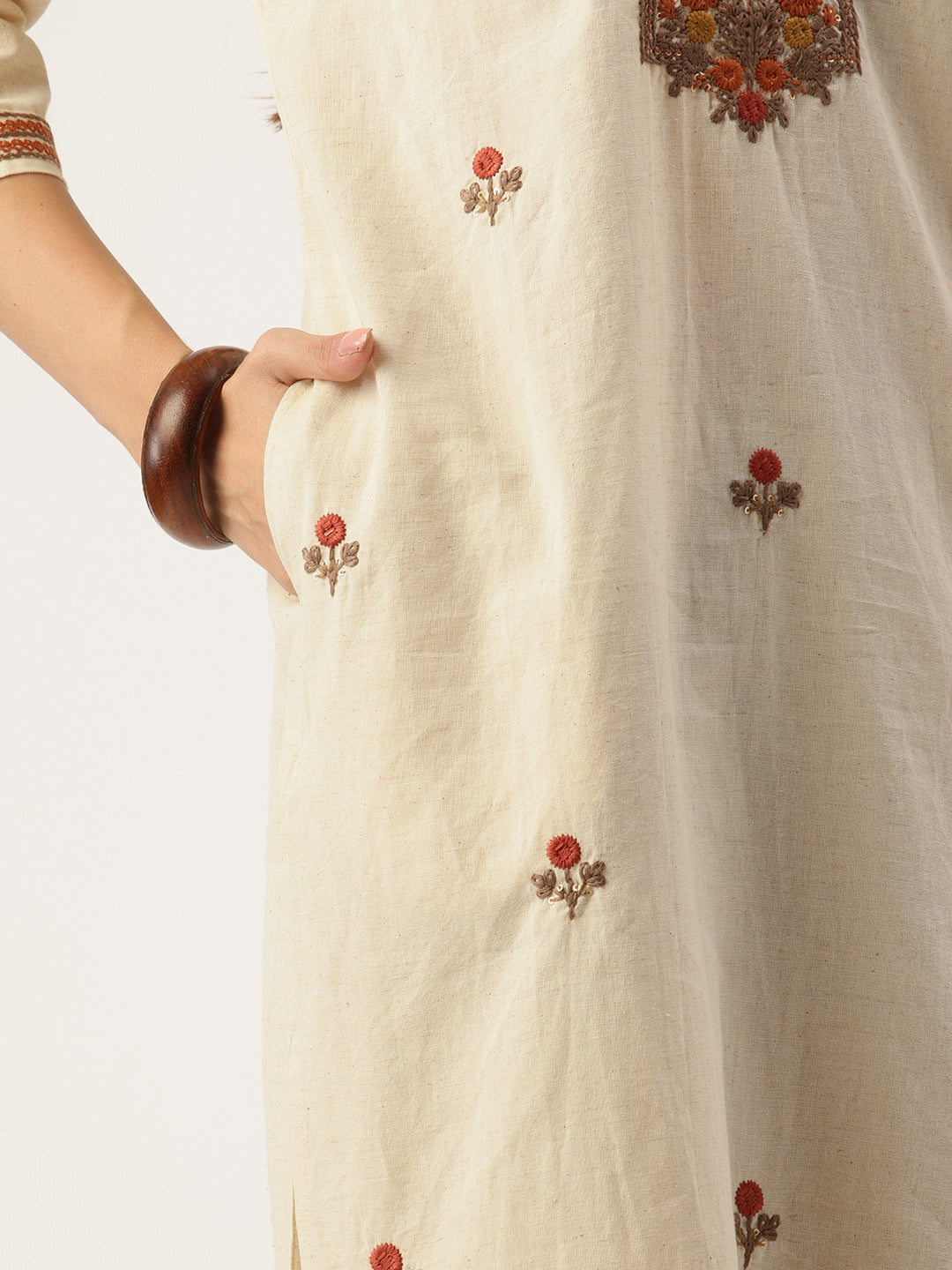 Beige Floral Embroidered Straight Kurta