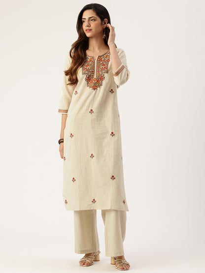 Beige Floral Embroidered Straight Kurta