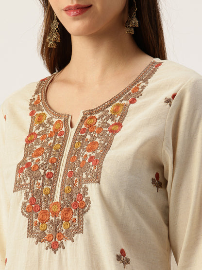 Beige Floral Embroidered Straight Kurta