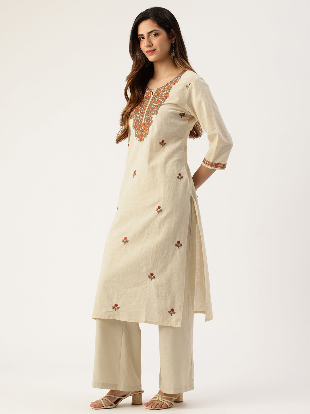 Beige Floral Embroidered Straight Kurta