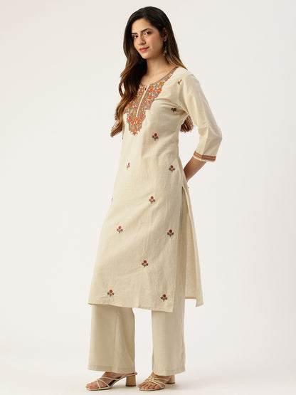 Beige Floral Embroidered Straight Kurta