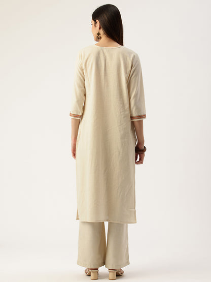 Beige Floral Embroidered Straight Kurta