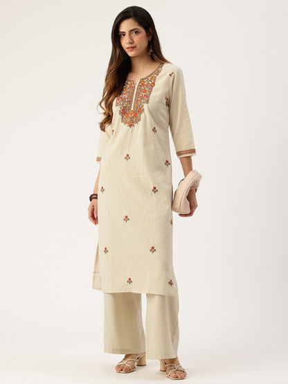 Beige Floral Embroidered Straight Kurta