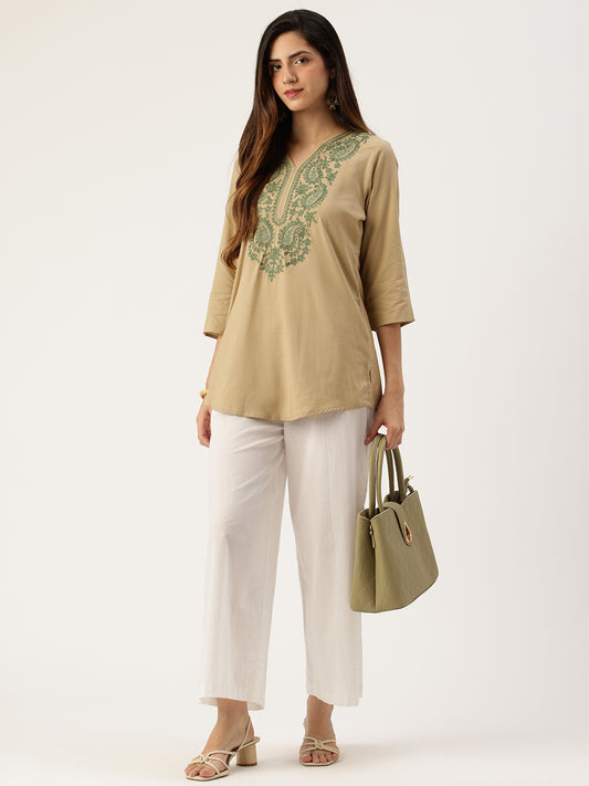 Beige Embroidered Printed Mandarin Collar Tunic
