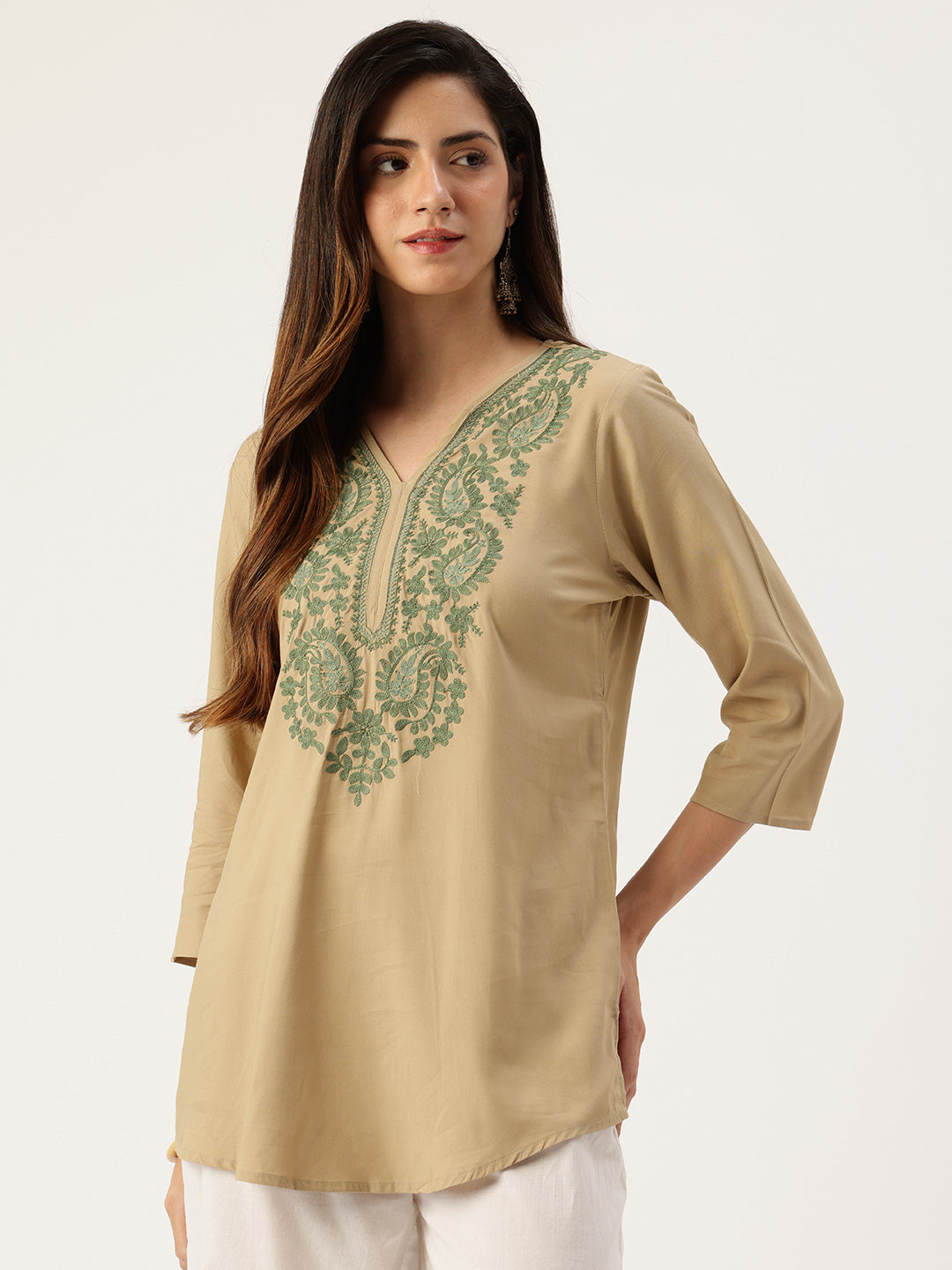 Beige Embroidered Printed Mandarin Collar Tunic