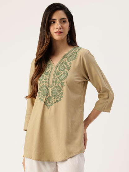 Beige Embroidered Printed Mandarin Collar Tunic