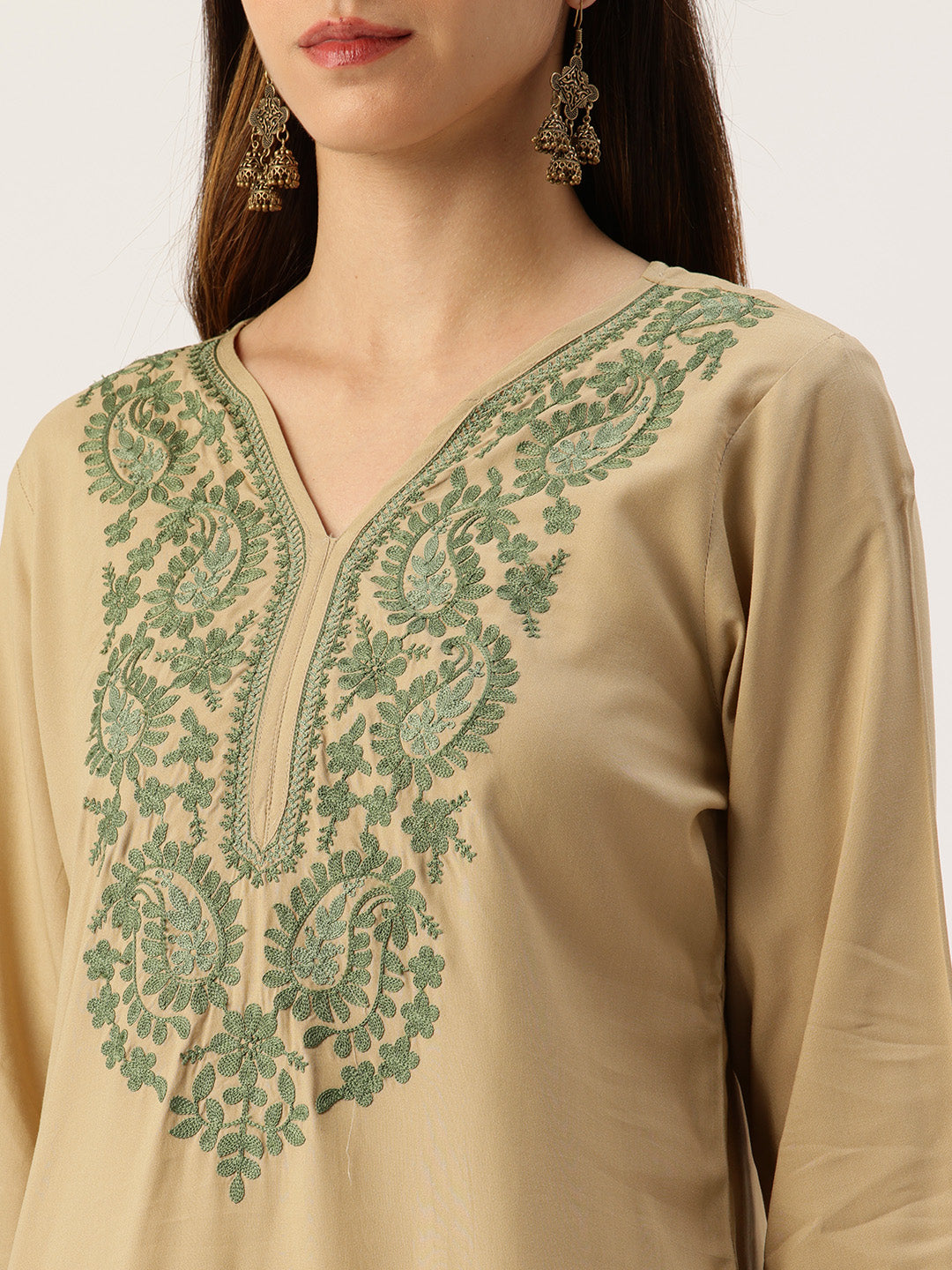 Beige Embroidered Printed Mandarin Collar Tunic