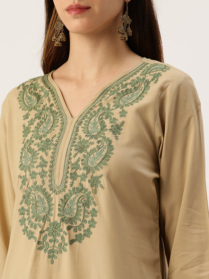 Beige Embroidered Printed Mandarin Collar Tunic