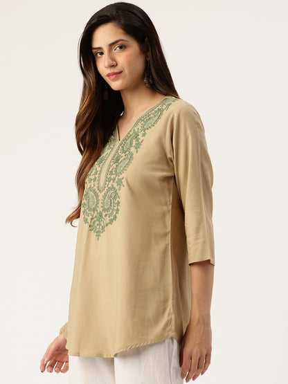 Beige Embroidered Printed Mandarin Collar Tunic