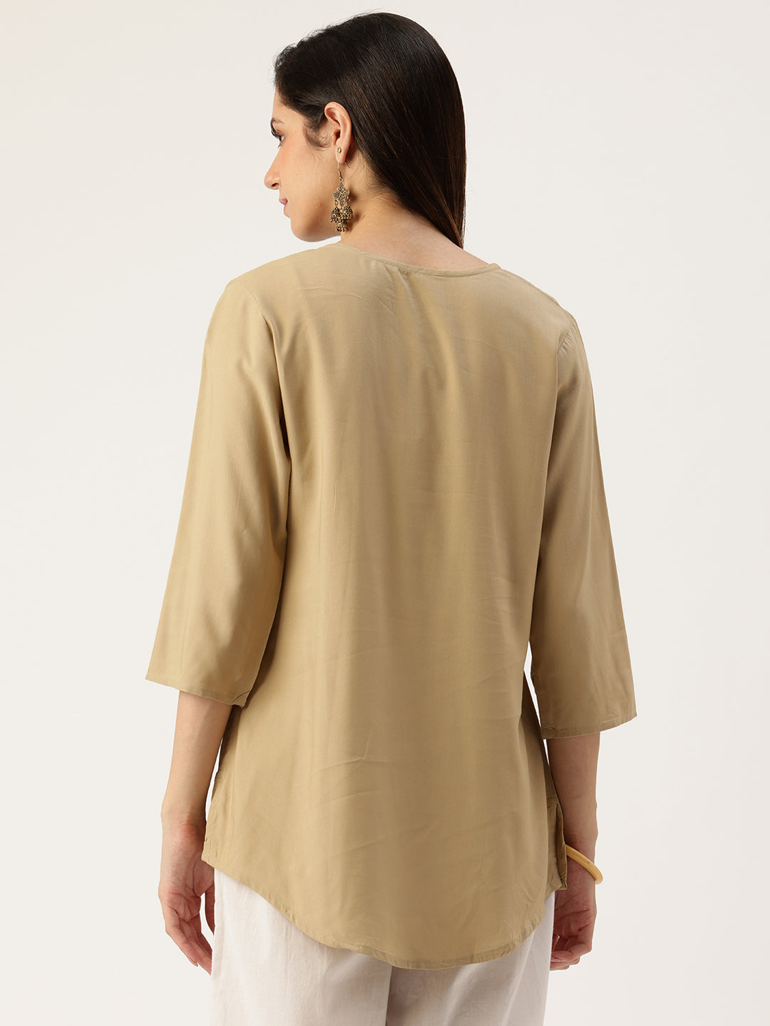 Beige Embroidered Printed Mandarin Collar Tunic