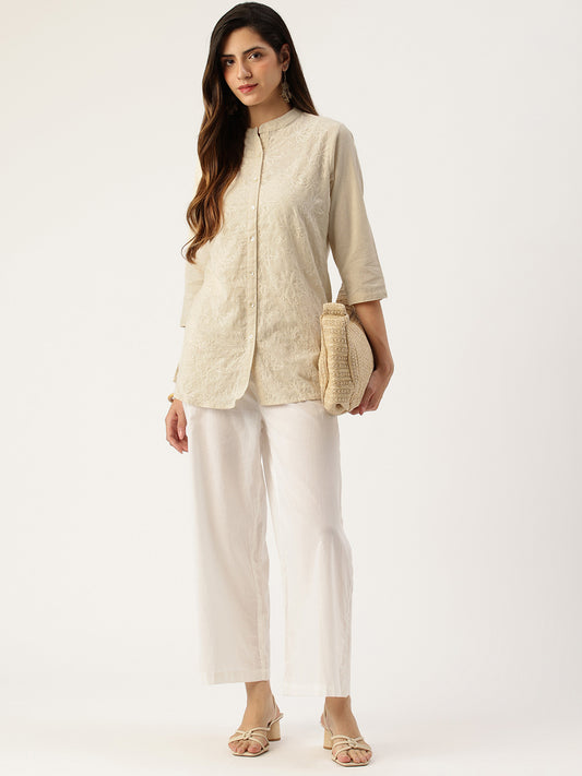 Beige Embroidered Mandarin Collar Tunic