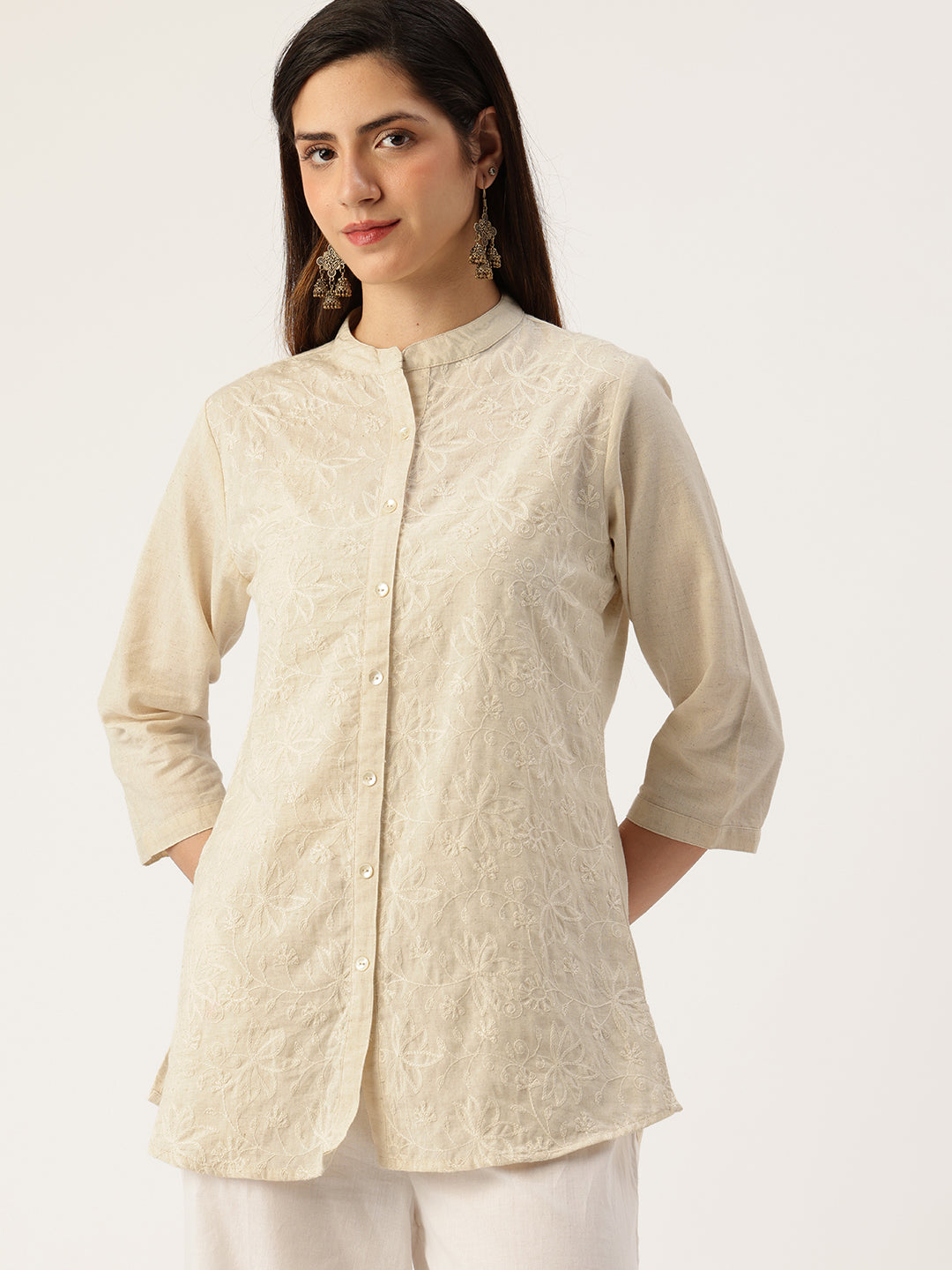 Beige Embroidered Mandarin Collar Tunic