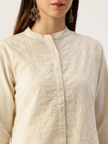 Beige Embroidered Mandarin Collar Tunic