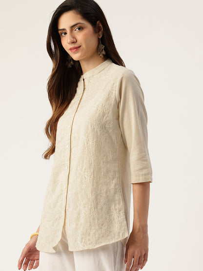 Beige Embroidered Mandarin Collar Tunic