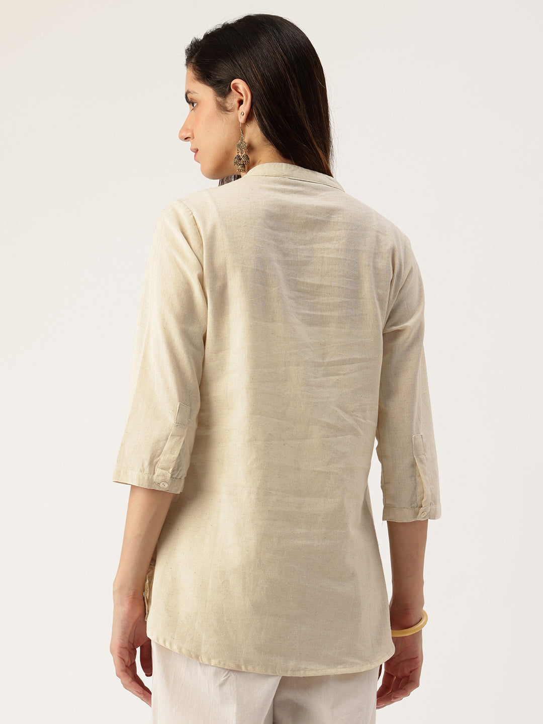 Beige Embroidered Mandarin Collar Tunic