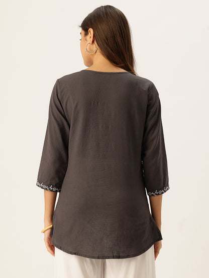 Grey Floral Embroidered Tunic