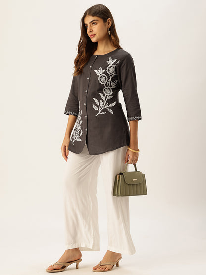 Grey Floral Embroidered Tunic