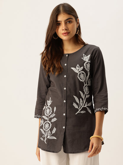 Grey Floral Embroidered Tunic