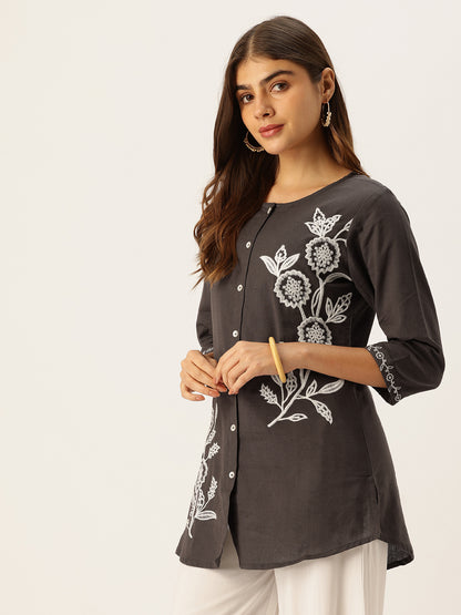Grey Floral Embroidered Tunic