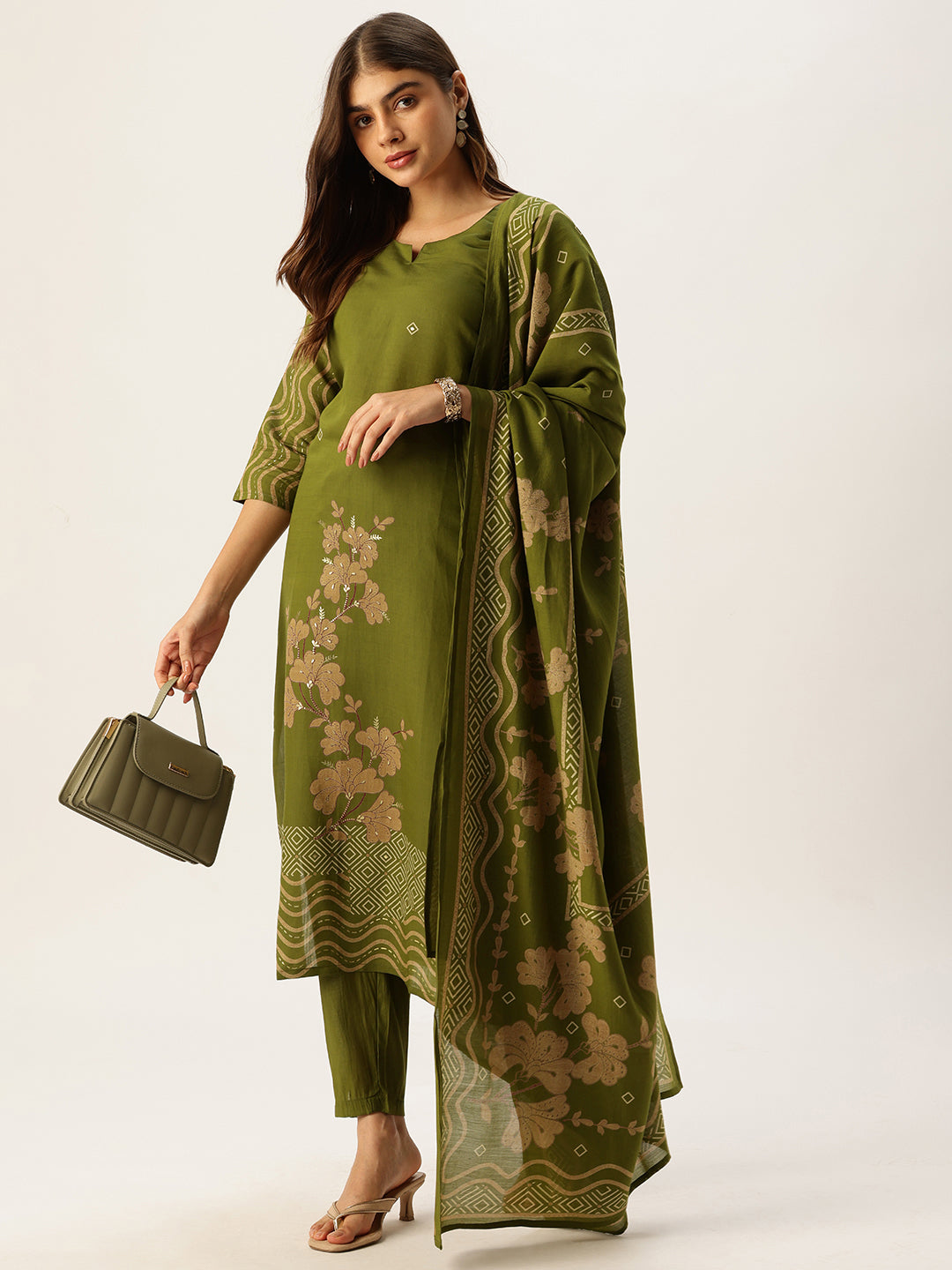 Green Printed Kurta with Trousers With Dupatta