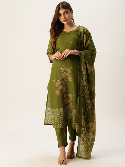 Green Printed Kurta with Trousers With Dupatta