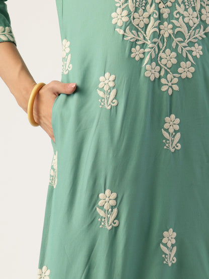 Teal Blue Floral Embroidered Straight Kurta