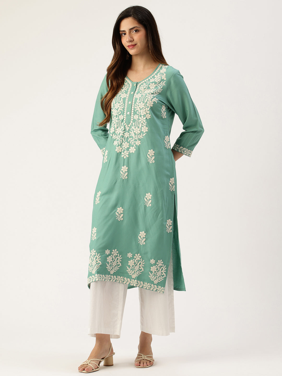 Teal Blue Floral Embroidered Straight Kurta