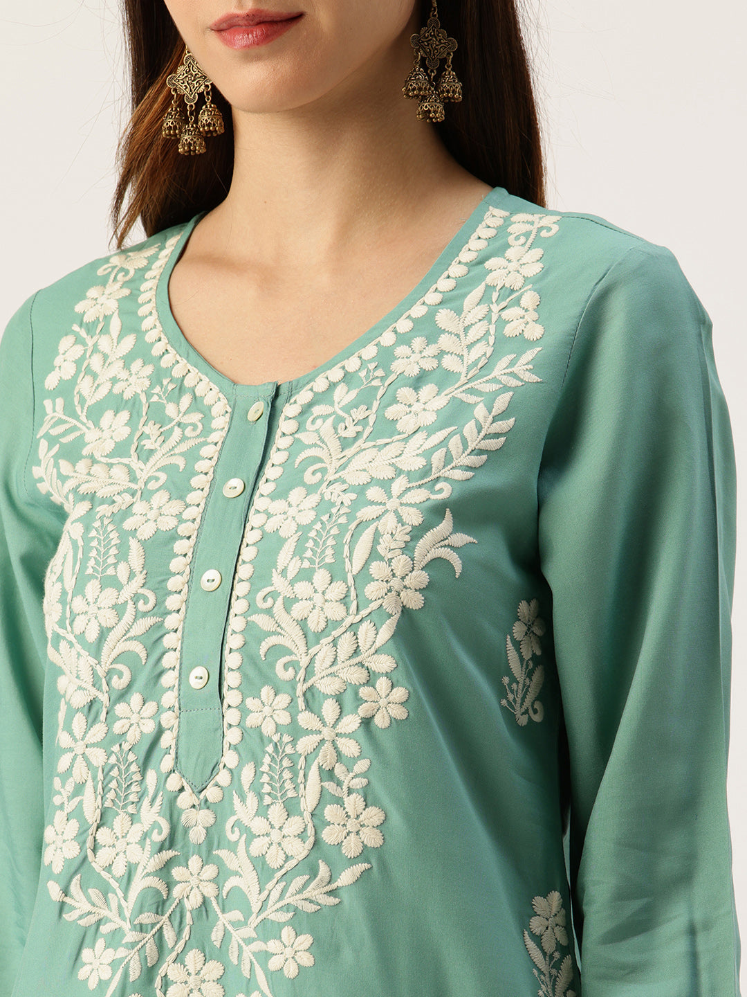 Teal Blue Floral Embroidered Straight Kurta