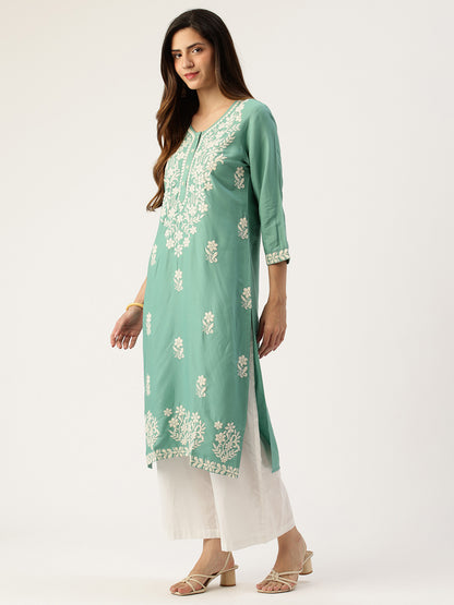 Teal Blue Floral Embroidered Straight Kurta