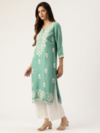 Teal Blue Floral Embroidered Straight Kurta