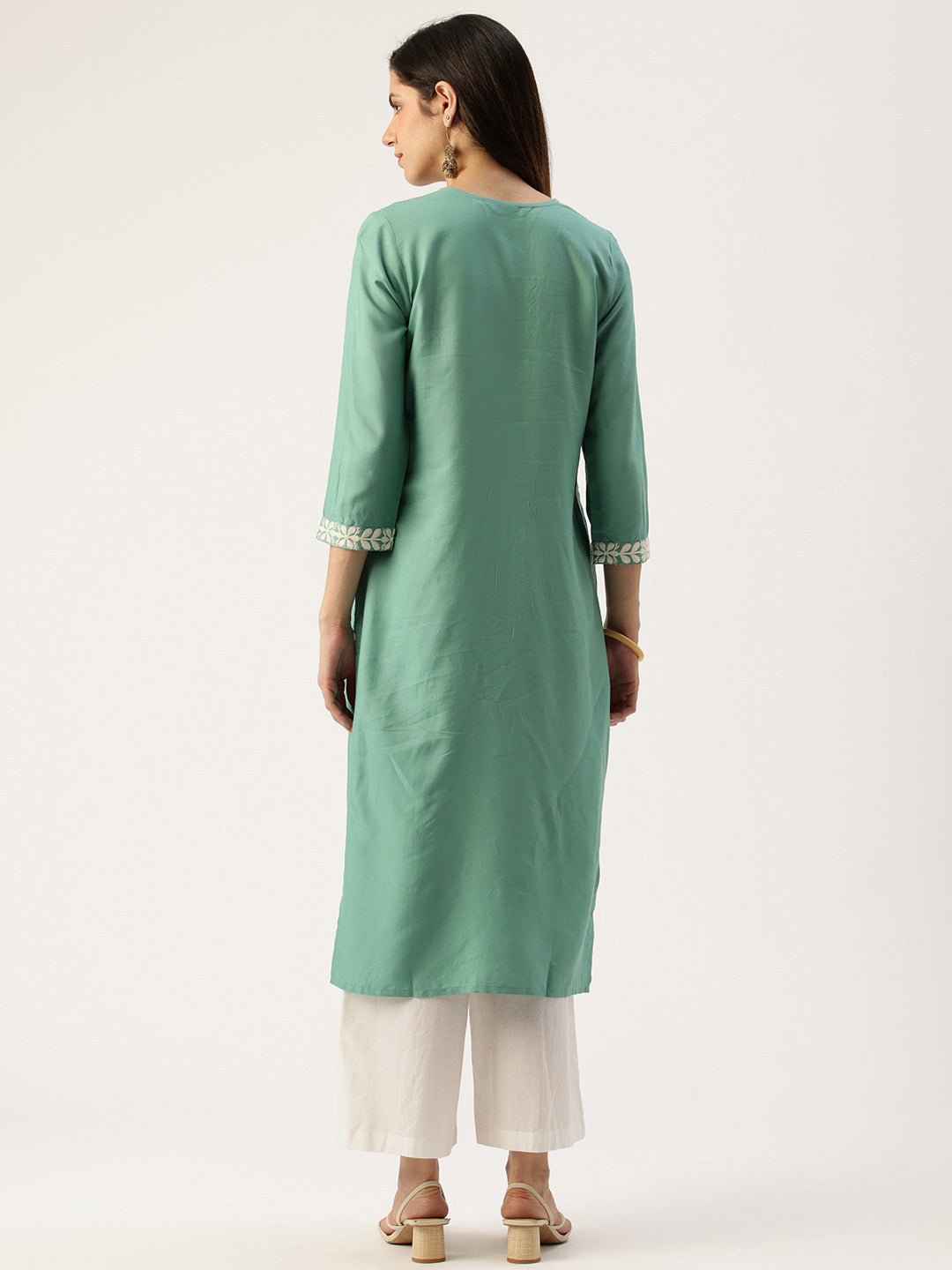 Teal Blue Floral Embroidered Straight Kurta