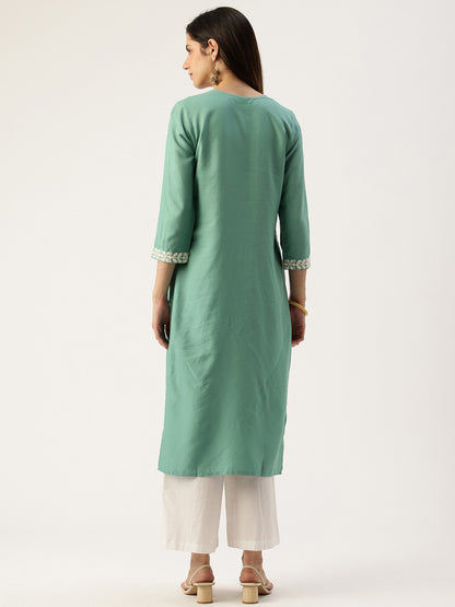 Teal Blue Floral Embroidered Straight Kurta