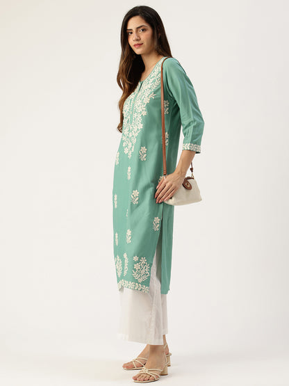 Teal Blue Floral Embroidered Straight Kurta