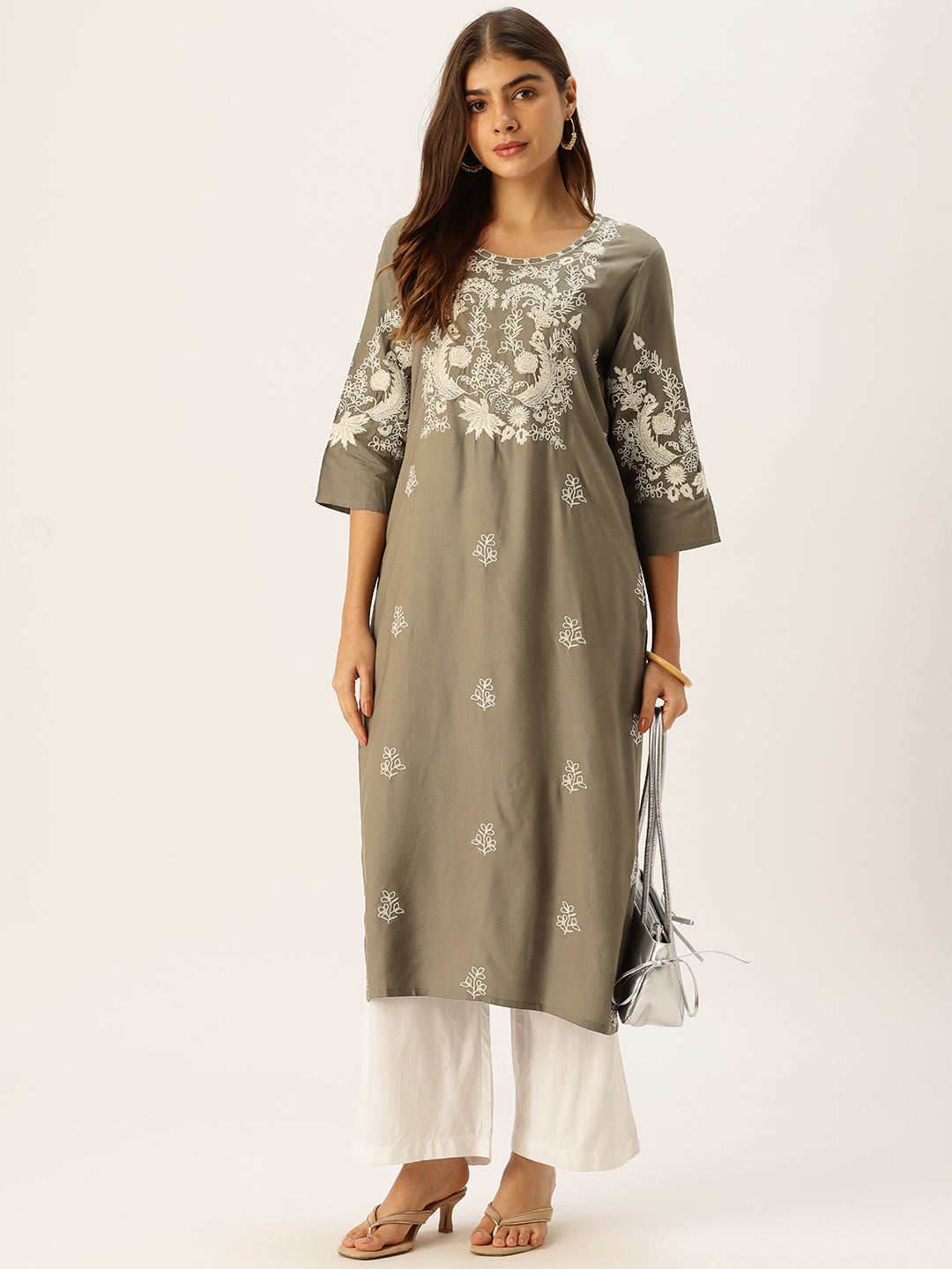 Grey Floral Embroidered Straight Kurta