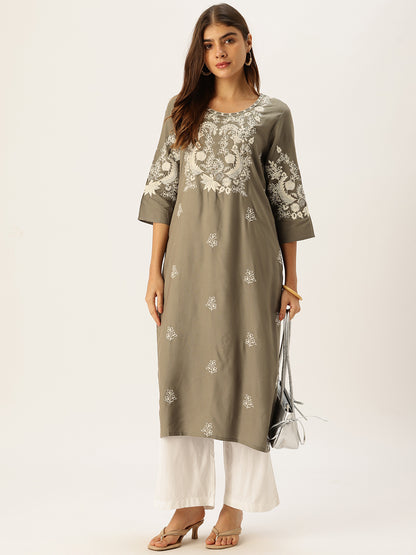 Grey Floral Embroidered Straight Kurta
