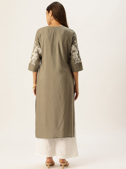 Grey Floral Embroidered Straight Kurta